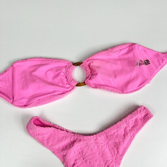 KB KINIS| Cheeky Bikini Set‎ Textured Floral Print Azalea Pink Tie-Back Top Sz S - Picture 8 of 15